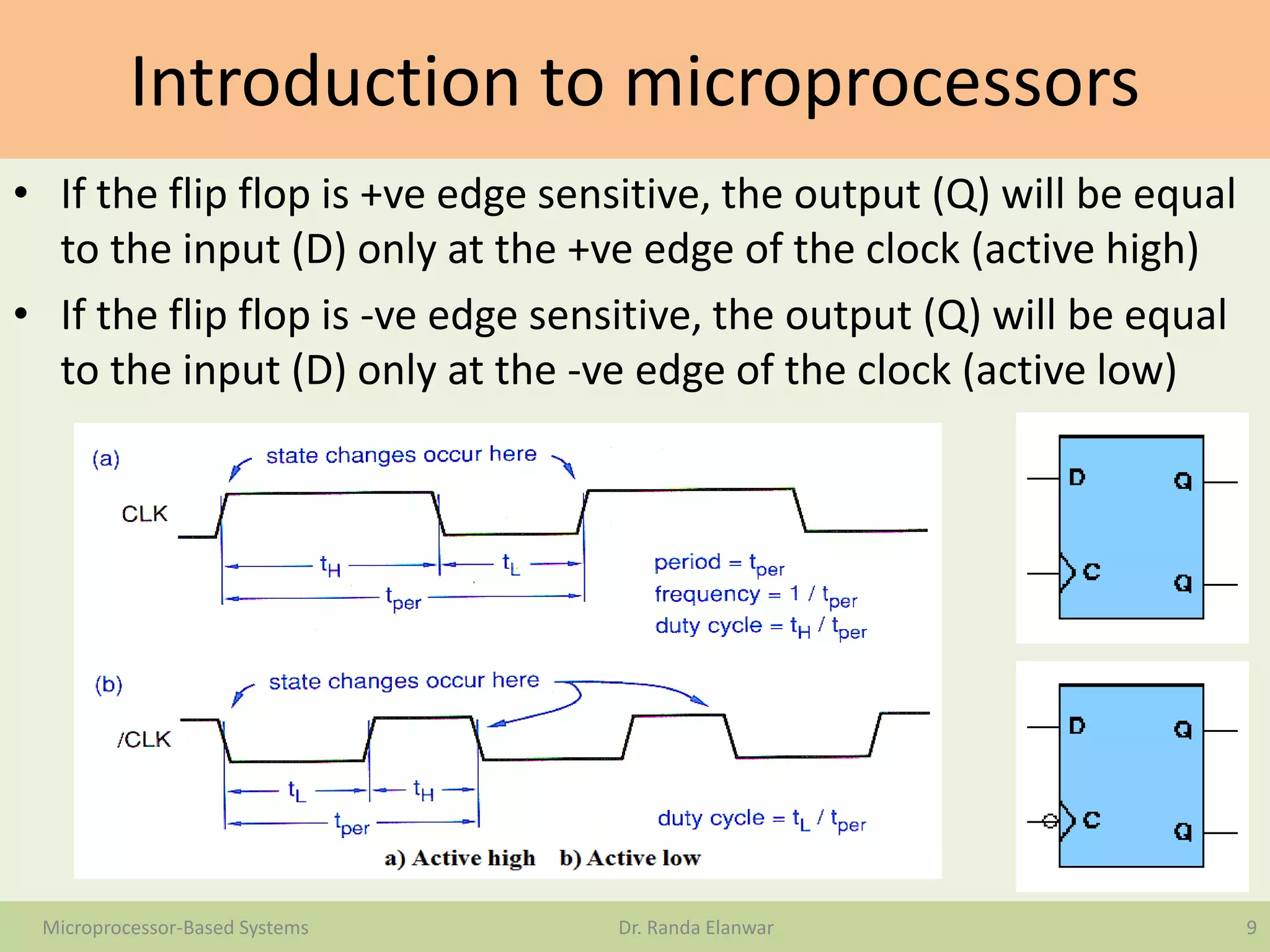 Introduction to microprocessors
• If the flip flop is +ve edge sensitive, the output (Q) will be equal
to the input (D) only at the +ve edge of the clock (active high)
• If the flip flop is -ve edge sensitive, the output (Q) will be equal
to the input (D) only at the -ve edge of the clock (active low)
9Microprocessor-Based Systems Dr. Randa Elanwar
 