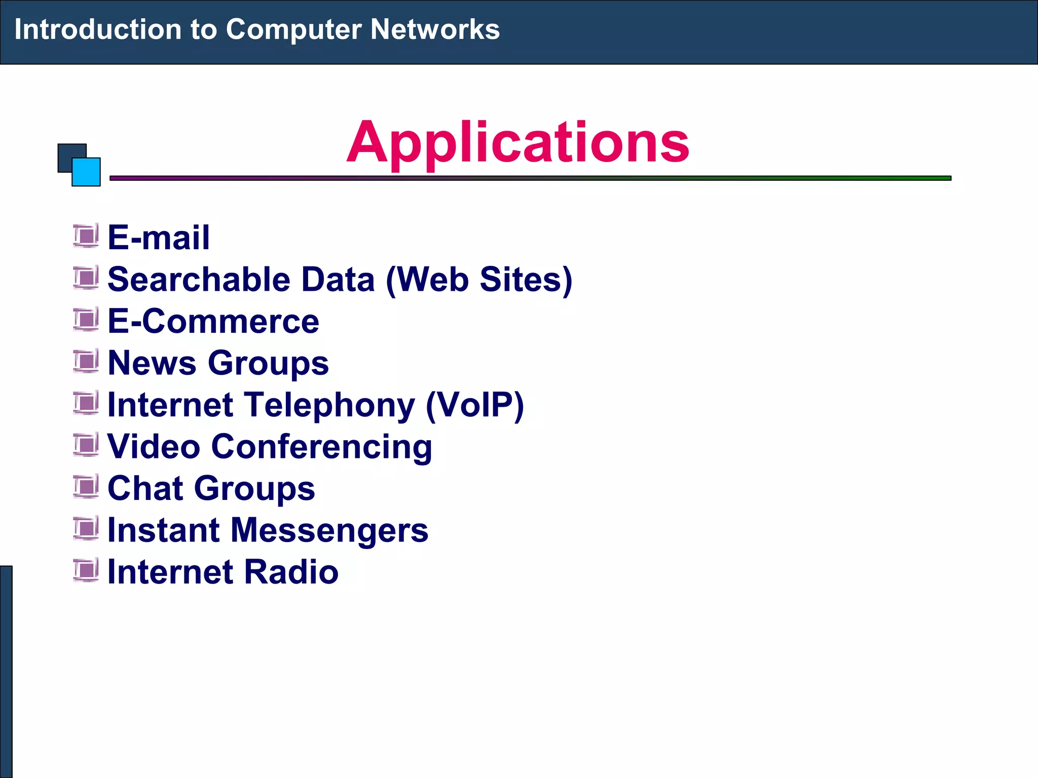 Applications
E-mail
Searchable Data (Web Sites)
E-Commerce
News Groups
Internet Telephony (VoIP)
Video Conferencing
Chat Groups
Instant Messengers
Internet Radio
Introduction to Computer Networks
 