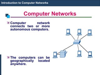 Computer Networks
Computer network
connects two or more
autonomous computers.
The computers can be
geographically located
anywhere.
Introduction to Computer Networks
 