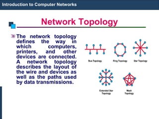 Network Topology
The network topology
defines the way in
which computers,
printers, and other
devices are connected.
A network topology
describes the layout of
the wire and devices as
well as the paths used
by data transmissions.
Introduction to Computer Networks
 