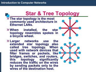 Star & Tree Topology
Introduction to Computer Networks
The star topology is the most
commonly used architecture in
Ethernet LANs.
When installed, the star
topology resembles spokes in
a bicycle wheel.
Larger networks use the
extended star topology also
called tree topology. When
used with network devices that
filter frames or packets, like
bridges, switches, and routers,
this topology significantly
reduces the traffic on the wires
by sending packets only to the
wires of the destination host.
 