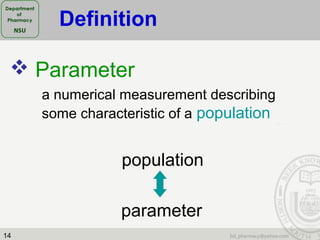 14
 Parameter
a numerical measurement describing
some characteristic of a population
population
parameter
Definition
 