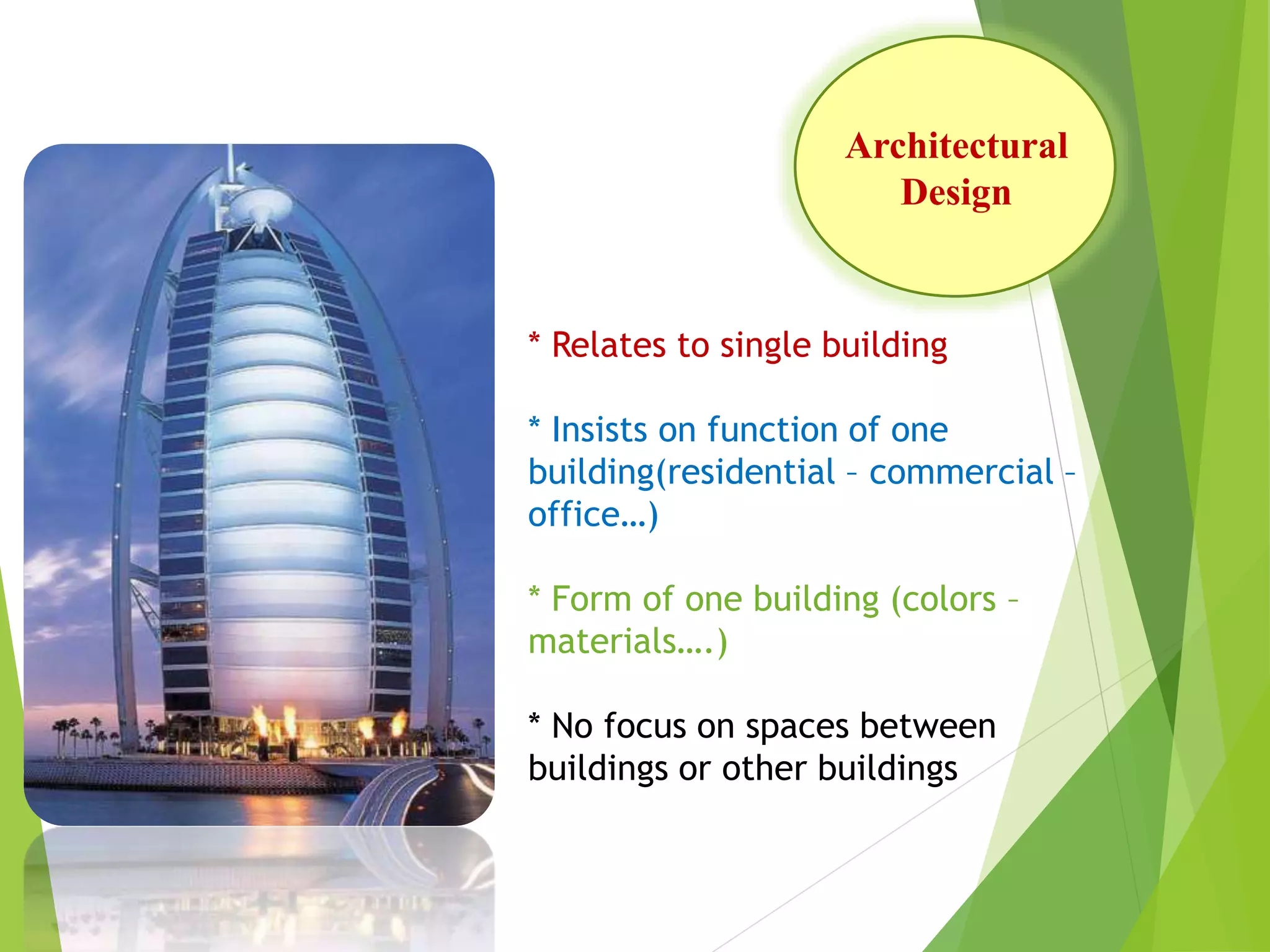 Architectural
Design
* Relates to single building
* Insists on function of one
building(residential – commercial –
office…)
* Form of one building (colors –
materials….)
* No focus on spaces between
buildings or other buildings
 