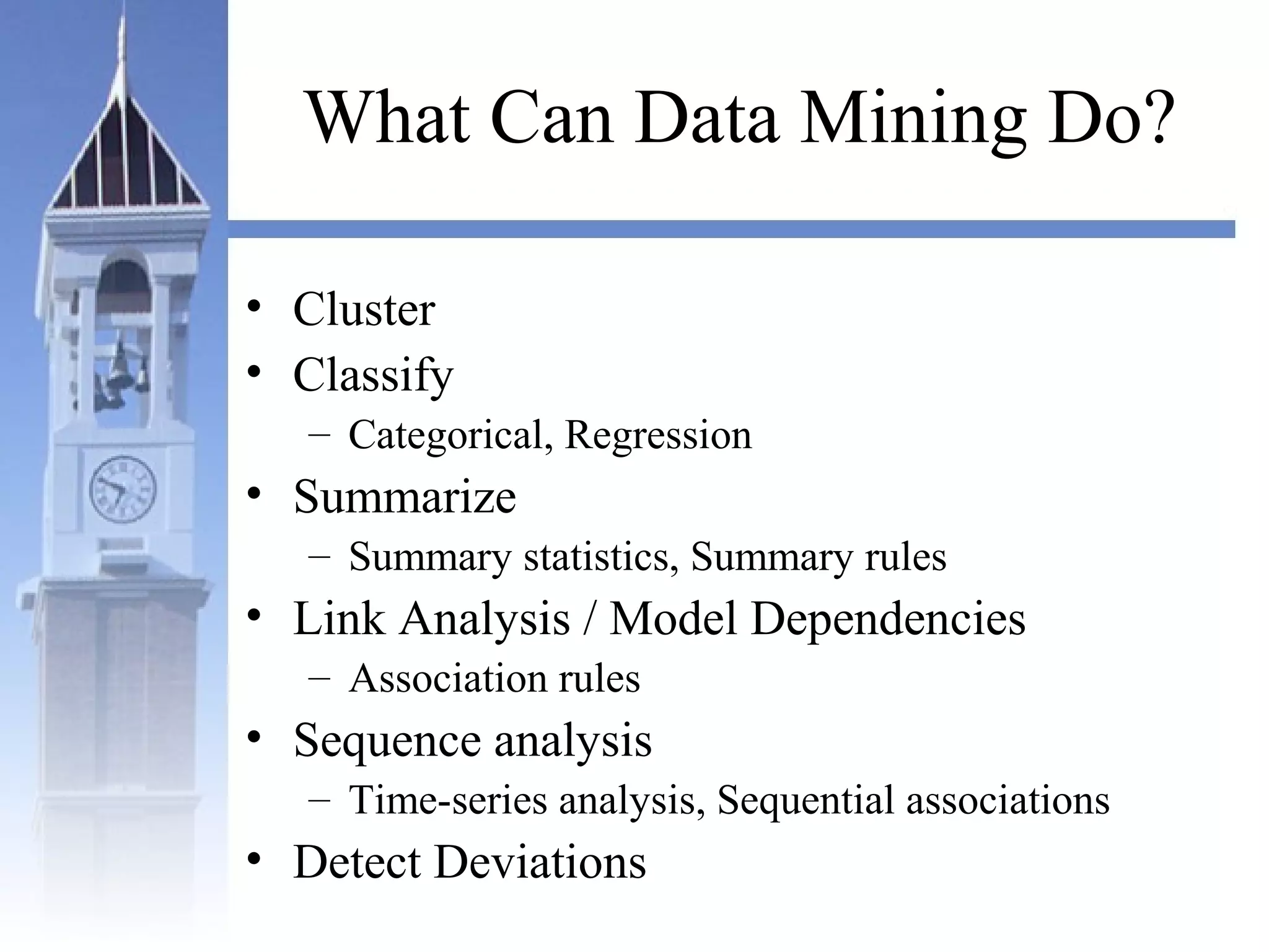 What Can Data Mining Do?
• Cluster
• Classify
– Categorical, Regression
• Summarize
– Summary statistics, Summary rules
• Link Analysis / Model Dependencies
– Association rules
• Sequence analysis
– Time-series analysis, Sequential associations
• Detect Deviations
 
