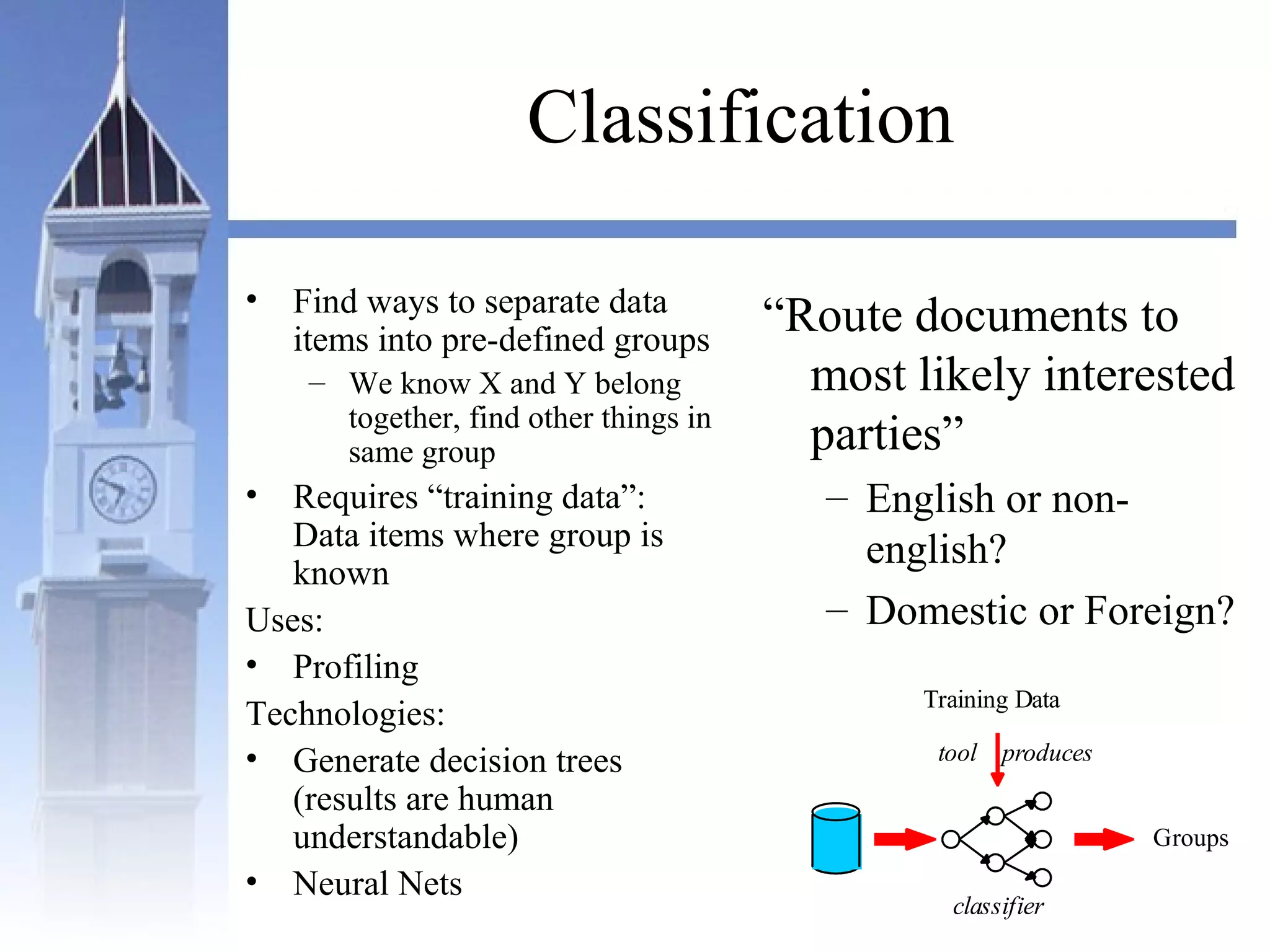 Classification
• Find ways to separate data
items into pre-defined groups
– We know X and Y belong
together, find other things in
same group
• Requires “training data”:
Data items where group is
known
Uses:
• Profiling
Technologies:
• Generate decision trees
(results are human
understandable)
• Neural Nets
“Route documents to
most likely interested
parties”
– English or non-
english?
– Domestic or Foreign?
Groups
Training Data
tool produces
classifier
 