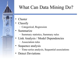 What Can Data Mining Do?
• Cluster
• Classify
– Categorical, Regression
• Summarize
– Summary statistics, Summary rules
• Link Analysis / Model Dependencies
– Association rules
• Sequence analysis
– Time-series analysis, Sequential associations
• Detect Deviations
 