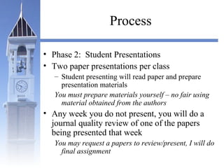 Process
• Phase 2: Student Presentations
• Two paper presentations per class
– Student presenting will read paper and prepare
presentation materials
You must prepare materials yourself – no fair using
material obtained from the authors
• Any week you do not present, you will do a
journal quality review of one of the papers
being presented that week
You may request a papers to review/present, I will do
final assignment
 