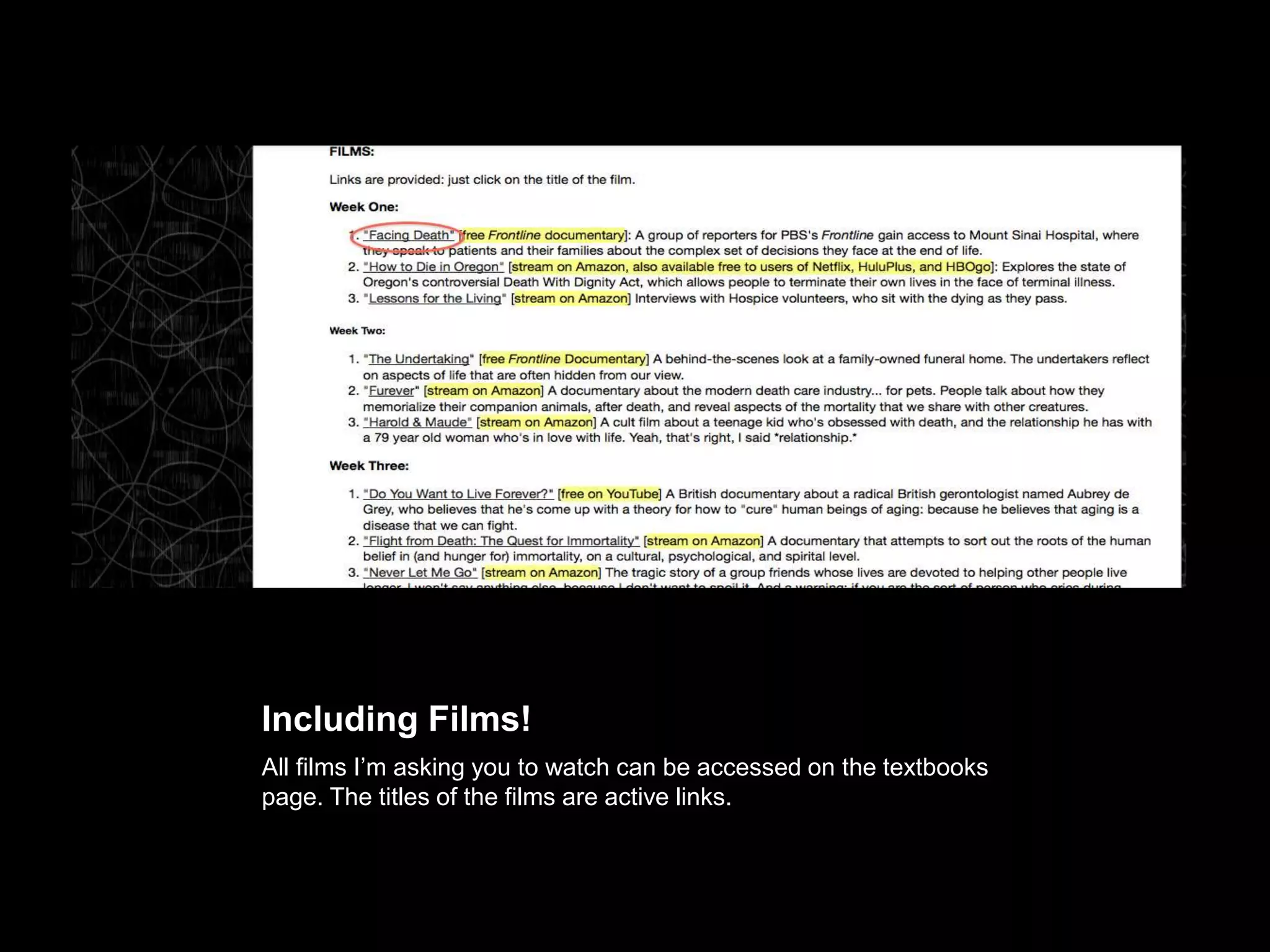 Including Films!
All films I’m asking you to watch can be accessed on the textbooks page.
The titles of the films are active links.
 