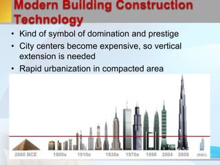 Modern Building Construction
Technology
• Kind of symbol of domination and prestige
• City centers become expensive, so vertical
extension is needed
• Rapid urbanization in compacted area
 