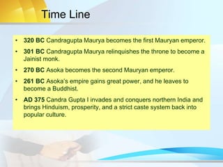 Time Line
• 320 BC Candragupta Maurya becomes the first Mauryan emperor.
• 301 BC Candragupta Maurya relinquishes the throne to become a
Jainist monk.
• 270 BC Asoka becomes the second Mauryan emperor.
• 261 BC Asoka’s empire gains great power, and he leaves to
become a Buddhist.
• AD 375 Candra Gupta I invades and conquers northern India and
brings Hinduism, prosperity, and a strict caste system back into
popular culture.
 