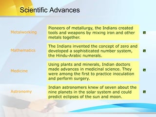 Mathematics
Medicine
Astronomy
Metalworking
Pioneers of metallurgy, the Indians created
tools and weapons by mixing iron and other
metals together.
The Indians invented the concept of zero and
developed a sophisticated number system,
the Hindu-Arabic numerals.
Using plants and minerals, Indian doctors
made advances in medicinal science. They
were among the first to practice inoculation
and perform surgery.
Indian astronomers knew of seven about the
nine planets in the solar system and could
predict eclipses of the sun and moon.
Scientific Advances
 