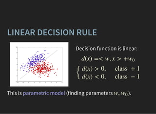 This is (finding parameters ).
LINEAR DECISION RULE
Decision function is linear:
d(x) =< w, x > +w0
{
d(x) > 0,
d(x) < 0,
 class  + 1
 class  − 1
parametric model w, w0
 