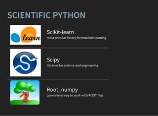 SCIENTIFIC PYTHON
Scikit-learn
most popular library for machine learning
Scipy
libraries for science and engineering
Root_numpy
convenient way to work with ROOT files
 