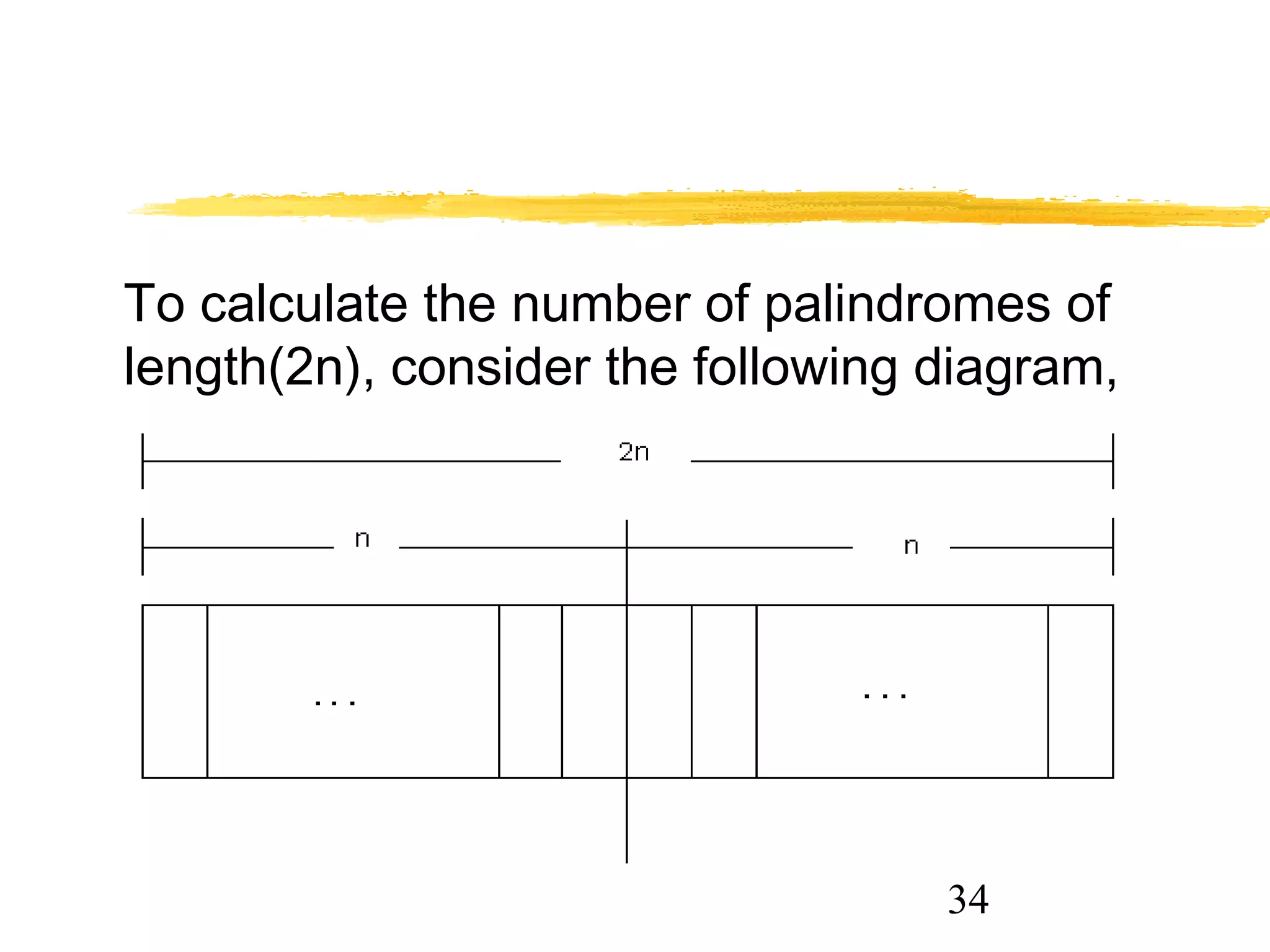 34
To calculate the number of palindromes of
length(2n), consider the following diagram,
 
