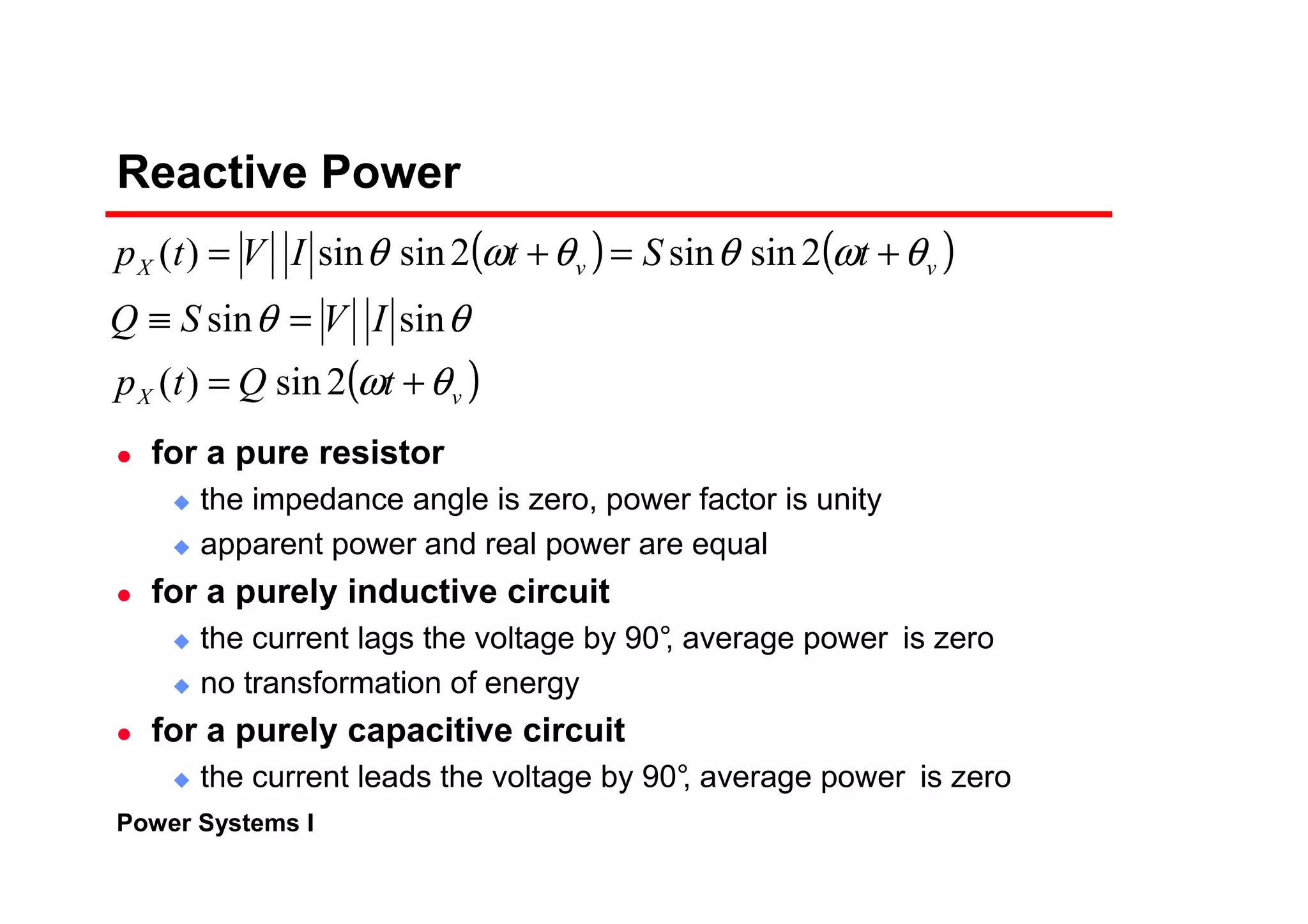 Power Systems I
Reactive Power
for a pure resistor
the impedance angle is zero, power factor is unity
apparent power and real power are equal
for a purely inductive circuit
the current lags the voltage by 90°, average power is zero
no transformation of energy
for a purely capacitive circuit
the current leads the voltage by 90°, average power is zero
( ) ( )
( )vX
vvX
tQtp
IVSQ
tStIVtp
θω
θθ
θωθθωθ
+=
=≡
+=+=
2sin)(
sinsin
2sinsin2sinsin)(
 