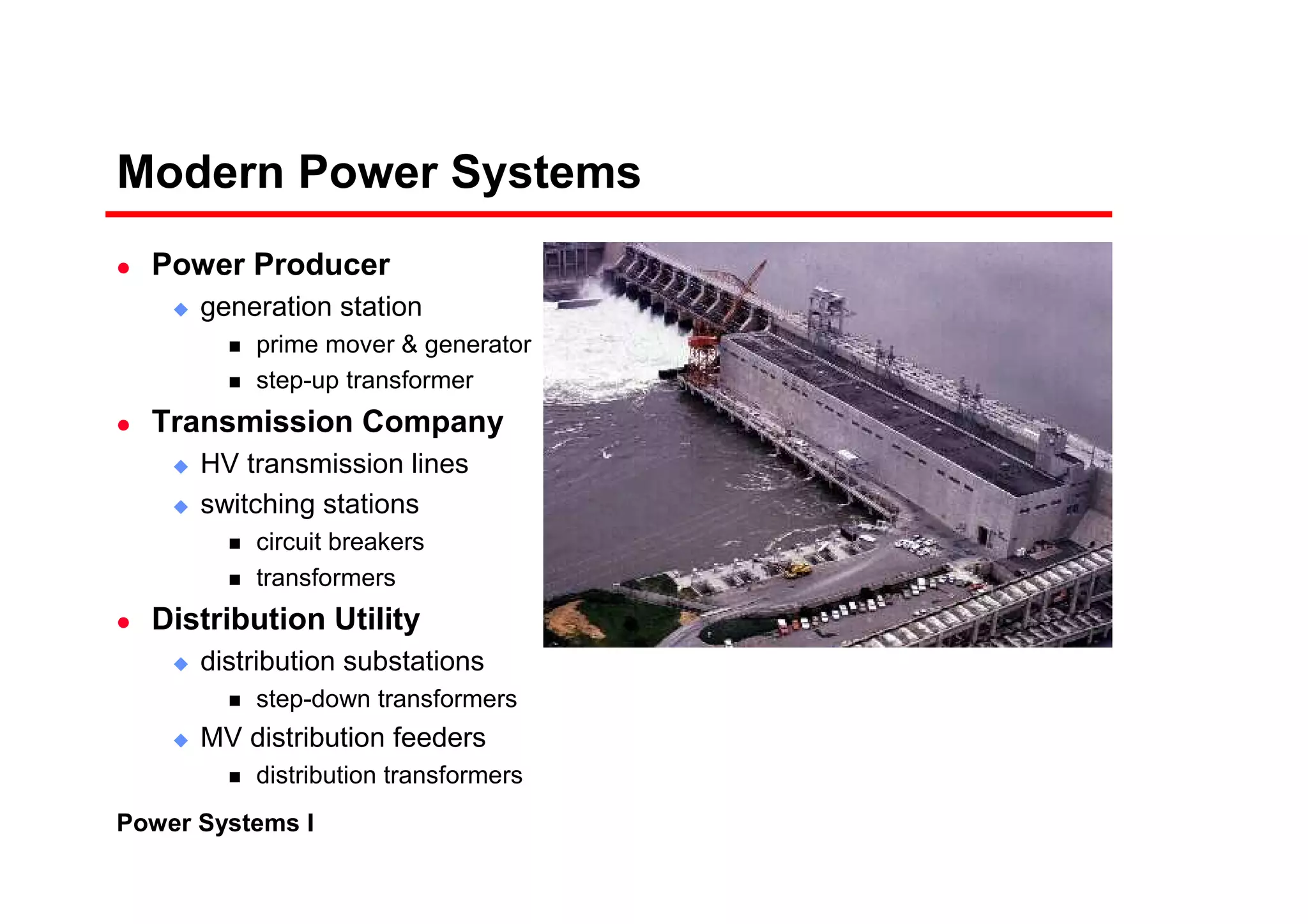 Power Systems I
Modern Power Systems
Power Producer
generation station
prime mover & generator
step-up transformer
Transmission Company
HV transmission lines
switching stations
circuit breakers
transformers
Distribution Utility
distribution substations
step-down transformers
MV distribution feeders
distribution transformers
 