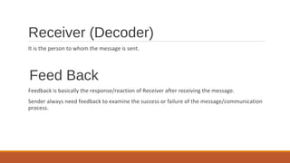 Receiver (Decoder)
It is the person to whom the message is sent.
Feed Back
Feedback is basically the response/reaction of Receiver after receiving the message.
Sender always need feedback to examine the success or failure of the message/communication
process.
 