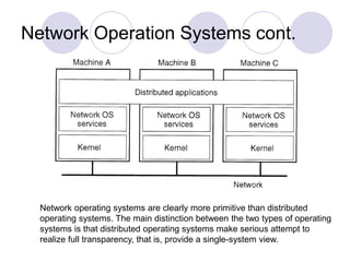 Network Operation Systems cont.
Network operating systems are clearly more primitive than distributed
operating systems. The main distinction between the two types of operating
systems is that distributed operating systems make serious attempt to
realize full transparency, that is, provide a single-system view.
 