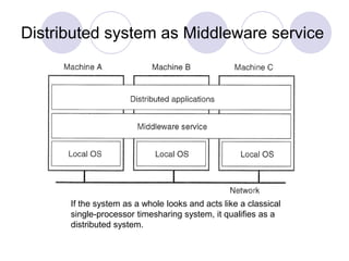 Distributed system as Middleware service
If the system as a whole looks and acts like a classical
single-processor timesharing system, it qualifies as a
distributed system.
 