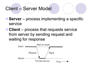 Client – Server Model
Server – process implementing a specific
service
Client – process that requests service
from server by sending request and
waiting for response
 
