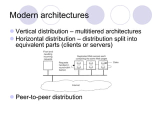 Modern architectures
 Vertical distribution – multitiered architectures
 Horizontal distribution – distribution split into
equivalent parts (clients or servers)
 Peer-to-peer distribution
 