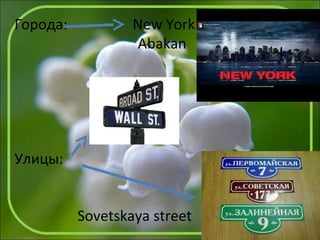 Города: New York
Abakan
Улицы:
Sovetskaya street
 