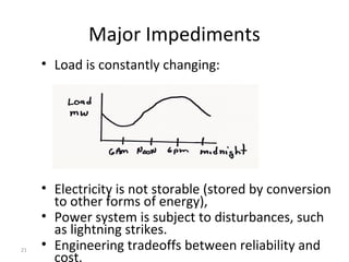 21
Major Impediments
• Load is constantly changing:
• Electricity is not storable (stored by conversion
to other forms of energy),
• Power system is subject to disturbances, such
as lightning strikes.
• Engineering tradeoffs between reliability and
cost.
 