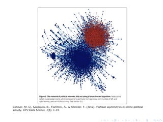 Conover, M. D., Gonçalves, B., Flammini, A., & Menczer, F. (2012). Partisan asymmetries in online political
activity. EPJ Data Science, 1(6), 1–19.
 