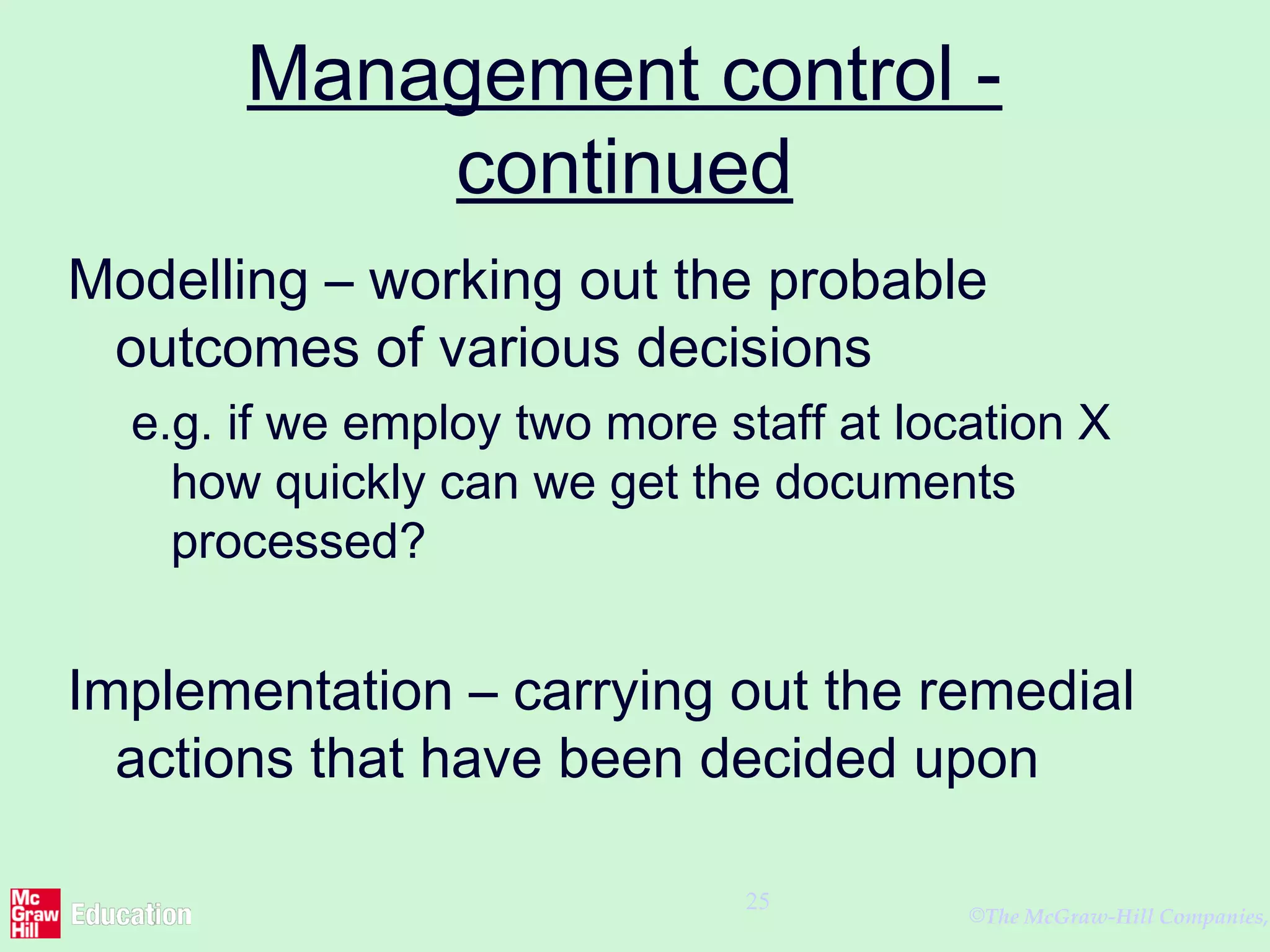 ©The McGraw-Hill Companies,
25
Management control -
continued
Modelling – working out the probable
outcomes of various decisions
e.g. if we employ two more staff at location X
how quickly can we get the documents
processed?
Implementation – carrying out the remedial
actions that have been decided upon
 