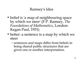 12
Ramsey's Idea
• belief is 'a map of neighbouring space
by which we steer' (F.P. Ramsey, The
Foundations of Mathematics, London:
Kegan Paul, 1931)
• better: a sentence is a map by which we
steer
– sentences and maps differ from beliefs in
being shared public structures that are
given one or another interpretation.
 