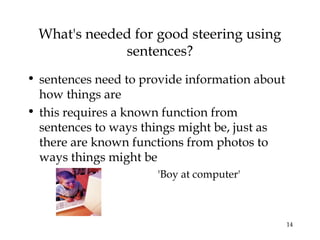 14
What's needed for good steering using
sentences?
• sentences need to provide information about
how things are
• this requires a known function from
sentences to ways things might be, just as
there are known functions from photos to
ways things might be
'Boy at computer'
 