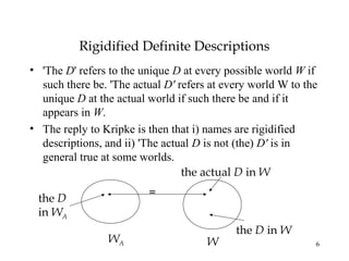 6
Rigidified Definite Descriptions
• 'The D' refers to the unique D at every possible world W if
such there be. 'The actual D' refers at every world W to the
unique D at the actual world if such there be and if it
appears in W.
• The reply to Kripke is then that i) names are rigidified
descriptions, and ii) 'The actual D is not (the) D' is in
general true at some worlds.
WA
the D
in WA
the actual D in W
W
=
the D in W
 