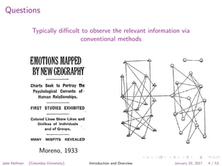 Questions
Typically diﬃcult to observe the relevant information via
conventional methods
Moreno, 1933
Jake Hofman (Columbia University) Introduction and Overview January 20, 2017 4 / 53
 