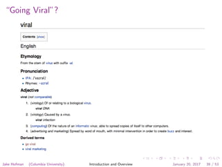 “Going Viral”?
Jake Hofman (Columbia University) Introduction and Overview January 20, 2017 39 / 53
 