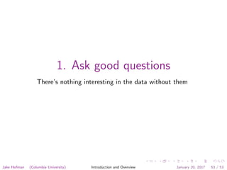 1. Ask good questions
There’s nothing interesting in the data without them
Jake Hofman (Columbia University) Introduction and Overview January 20, 2017 53 / 53
 