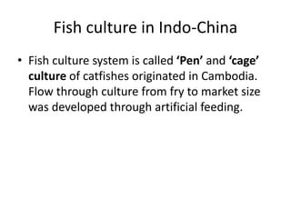 Fish culture in Indo-China
• Fish culture system is called ‘Pen’ and ‘cage’
culture of catfishes originated in Cambodia.
Flow through culture from fry to market size
was developed through artificial feeding.
 