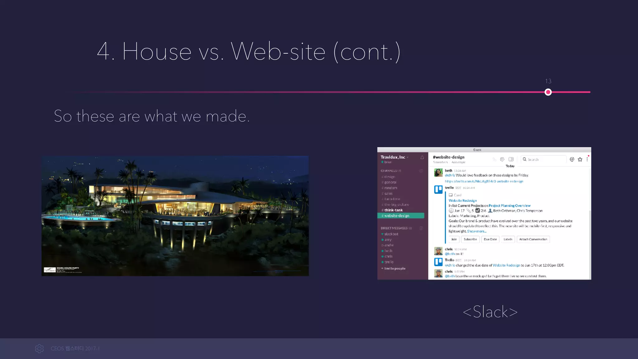 CEOS WEB-STUDY 2017-1
4. House vs. Web-site (cont.)
So these are what we made.
13
<Slack>
 