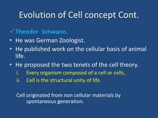 Evolution of Cell concept Cont.
Theodor Schwann.
• He was German Zoologist.
• He published work on the cellular basis of animal
life.
• He proposed the two tenets of the cell theory.
i. Every organism composed of a cell or cells,
ii. Cell is the structural unity of life.
Cell originated from non cellular materials by
spontaneous generation.
 