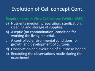 Evolution of Cell concept Cont.
Requirements in Vitro Cell culture (White 1963)
a) Nutrients medium preparation, sterilization,
cleaning and storage of supplies.
b) Aseptic (no contamination) condition for
working the living material.
c) A controlled environmental conditions for
growth and development of cultures.
d) Observation and evolution of culture as hoped.
e) Recording the observations made during the
experiment.
 