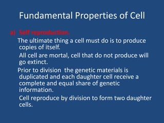 Fundamental Properties of Cell
a) Self reproduction.
The ultimate thing a cell must do is to produce
copies of itself.
All cell are mortal, cell that do not produce will
go extinct.
Prior to division the genetic materials is
duplicated and each daughter cell receive a
complete and equal share of genetic
information.
Cell reproduce by division to form two daughter
cells.
 