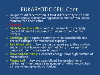 EUKARYOTIC CELL Cont.
o Unique to differentiation is that different type of cells
acquire unique distinctive appearance and contain unique
material for their roles.
o Example :
o Skeletal muscle cells = contain a network of precisely
aligned filaments composed of unique of contractile
protein.
o Cartilage cell = contain matrix with polysaccharide and
protein collagen for mechanical support.
o Red blood cells = they are disc shaped sacs, they contain
single protein haemoglobin with affinity to oxygen and
hence efficient in oxygen transport.
o Brow adipose tissue = convert energy, have high number of
mitochondria.
o Plasma cell = they are specialized for production of
antibodies, they posses few number of mitochondria but
extensive endoplasmic reticulum.
 