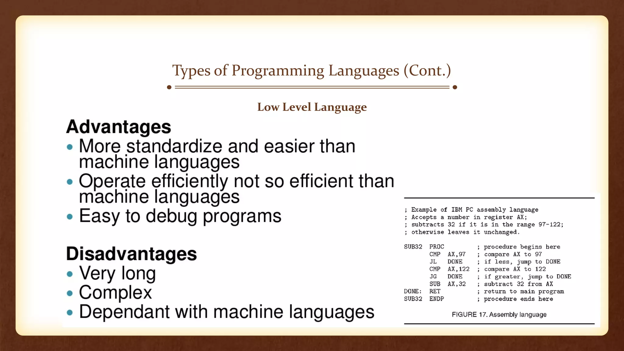 Types of Programming Languages (Cont.)
Low Level Language
 