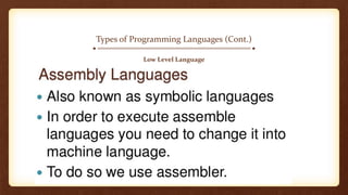 Types of Programming Languages (Cont.)
Low Level Language
 
