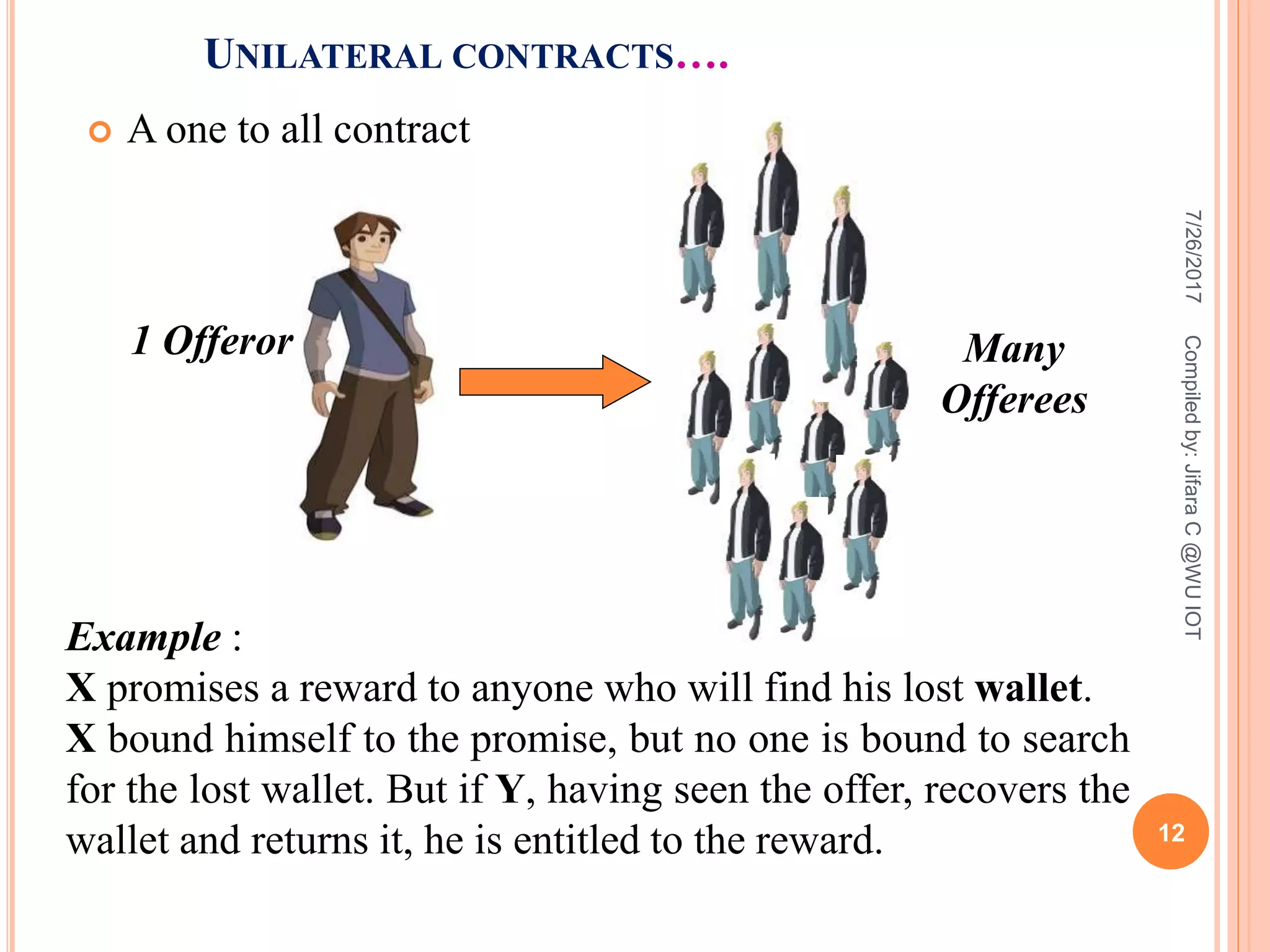 UNILATERAL CONTRACTS….
 A one to all contract
Example :
X promises a reward to anyone who will find his lost wallet.
X bound himself to the promise, but no one is bound to search
for the lost wallet. But if Y, having seen the offer, recovers the
wallet and returns it, he is entitled to the reward.
1 Offeror Many
Offerees
7/26/2017Compiledby:JifaraC@WUIOT
12
 