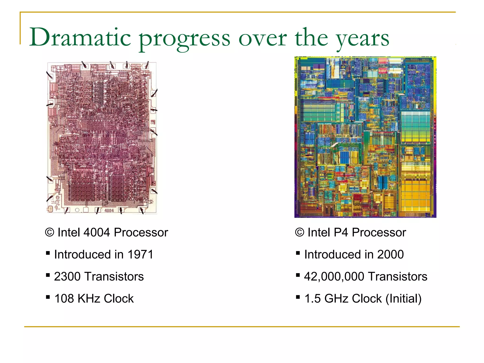 Dramatic progress over the years
© Intel 4004 Processor
 Introduced in 1971
 2300 Transistors
 108 KHz Clock
© Intel P4 Processor
 Introduced in 2000
 42,000,000 Transistors
 1.5 GHz Clock (Initial)
 