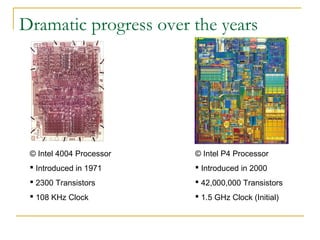 Dramatic progress over the years
© Intel 4004 Processor
 Introduced in 1971
 2300 Transistors
 108 KHz Clock
© Intel P4 Processor
 Introduced in 2000
 42,000,000 Transistors
 1.5 GHz Clock (Initial)
 