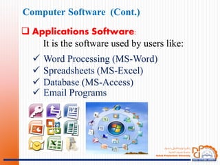 ‫ـؤك‬‫ـ‬‫ـ‬‫ه‬‫د‬ ‫يا‬‫ـةكنيكى‬‫ـ‬‫ـ‬‫ـ‬‫ت‬‫ثولي‬ ‫ـويا‬‫ـ‬‫ـ‬‫ك‬‫ان‬‫ز‬
‫ـنية‬‫ـ‬‫ـ‬‫ـ‬‫ـ‬‫ق‬‫الت‬ ‫ـوك‬‫ـ‬‫ـ‬‫ـ‬‫ـ‬‫ـ‬‫ـ‬‫ـ‬‫ـ‬‫ـ‬‫ه‬‫د‬ ‫ـة‬‫ـ‬‫ـ‬‫ـ‬‫ـ‬‫ـ‬‫ـ‬‫ـ‬‫ع‬‫جام‬
Duhok Polytechnic University
 Applications Software:
It is the software used by users like:
 Word Processing (MS-Word)
 Spreadsheets (MS-Excel)
 Database (MS-Access)
 Email Programs
Computer Software (Cont.)
 