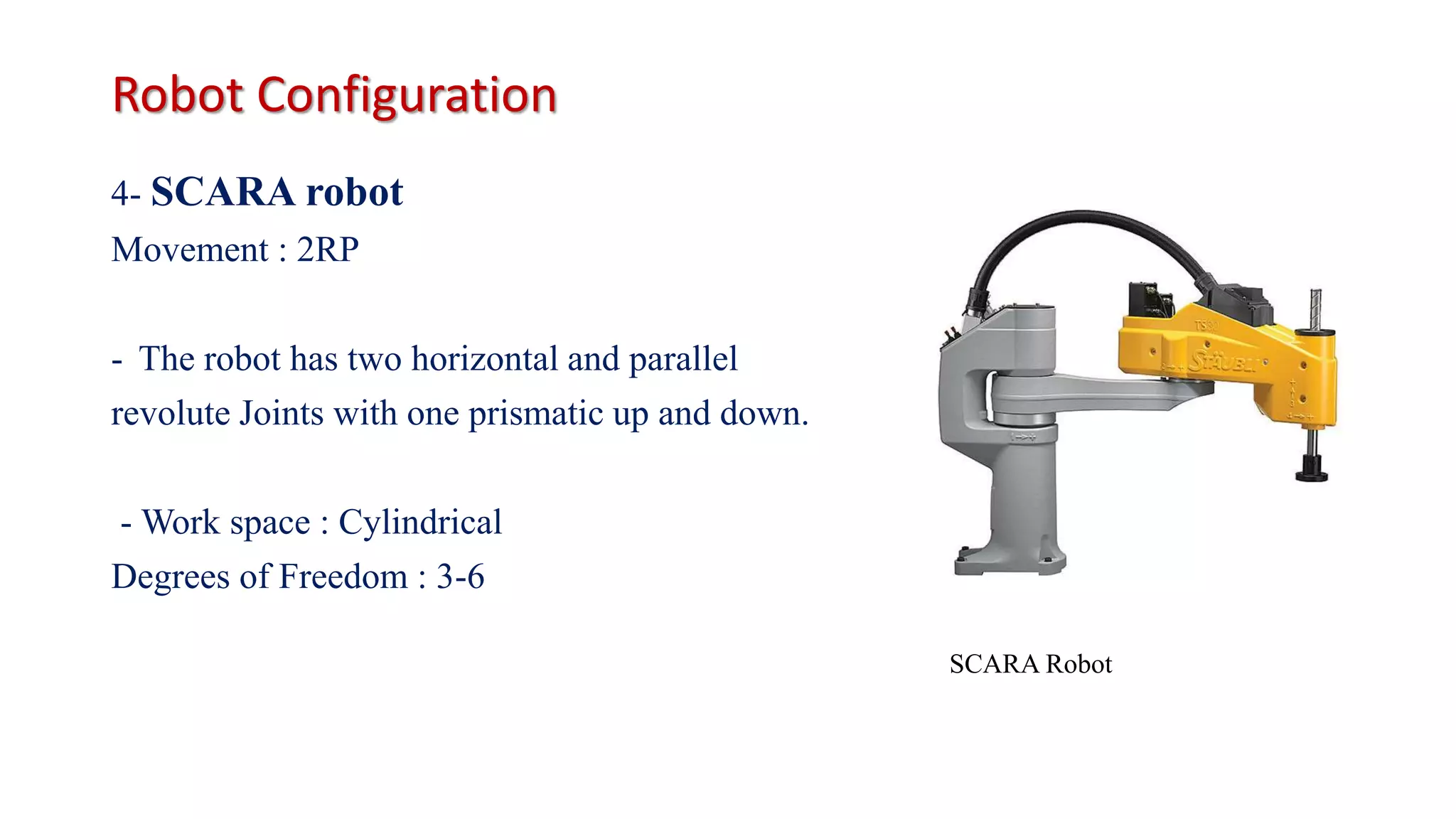 Robot Configuration
4- SCARA robot
Movement : 2RP
- The robot has two horizontal and parallel
revolute Joints with one prismatic up and down.
- Work space : Cylindrical
Degrees of Freedom : 3-6
SCARA Robot
 