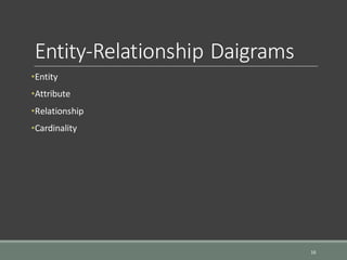 Entity-Relationship Daigrams
16
•Entity
•Attribute
•Relationship
•Cardinality
 
