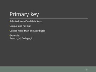 Primary key
•Selected from Candidate keys
•Unique and not null
•Can be more than one Attributes
•Example:
Branch_Id, College_Id
28
 